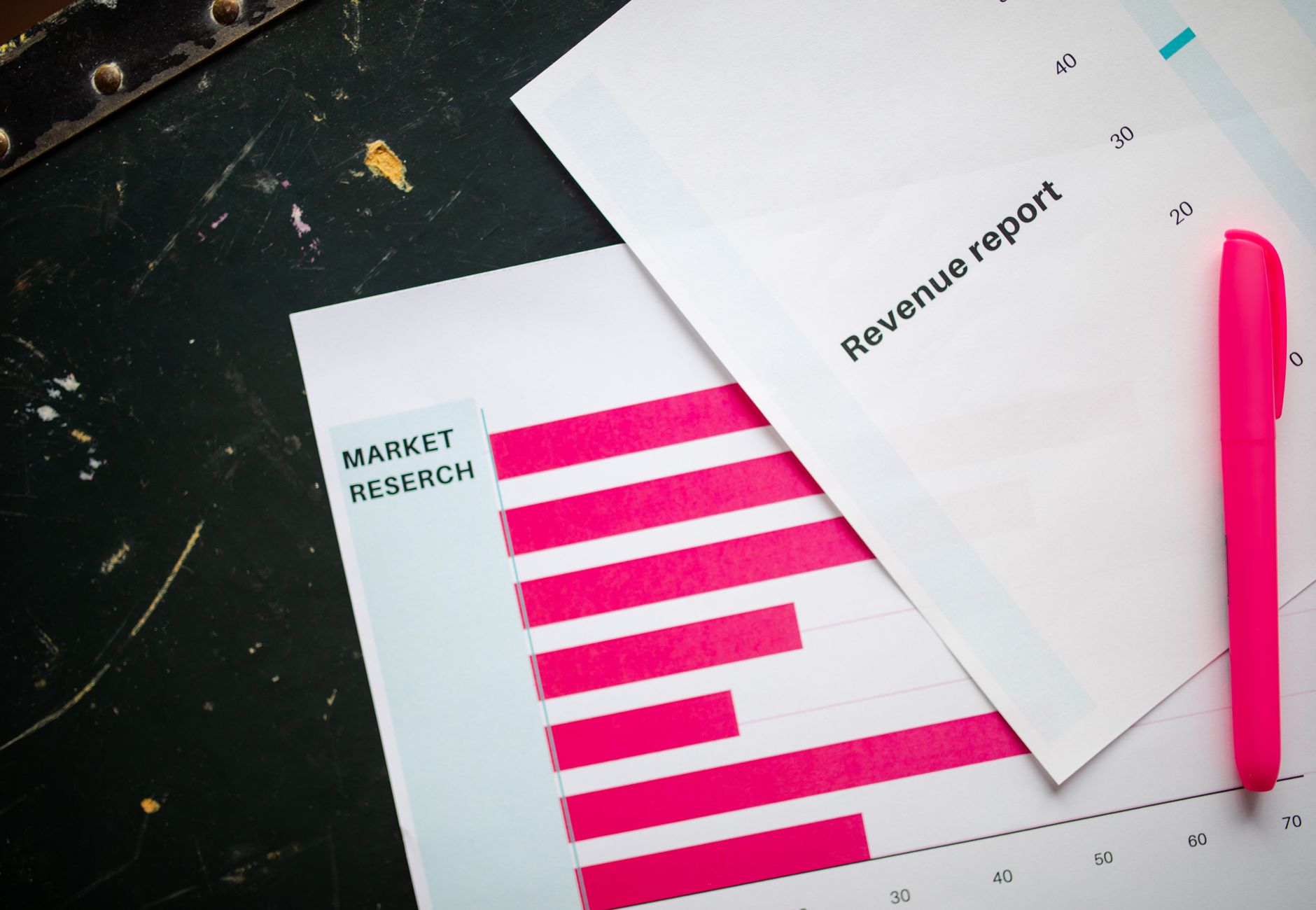 Close-up of market research charts and a revenue report with a pink pen on a desk.