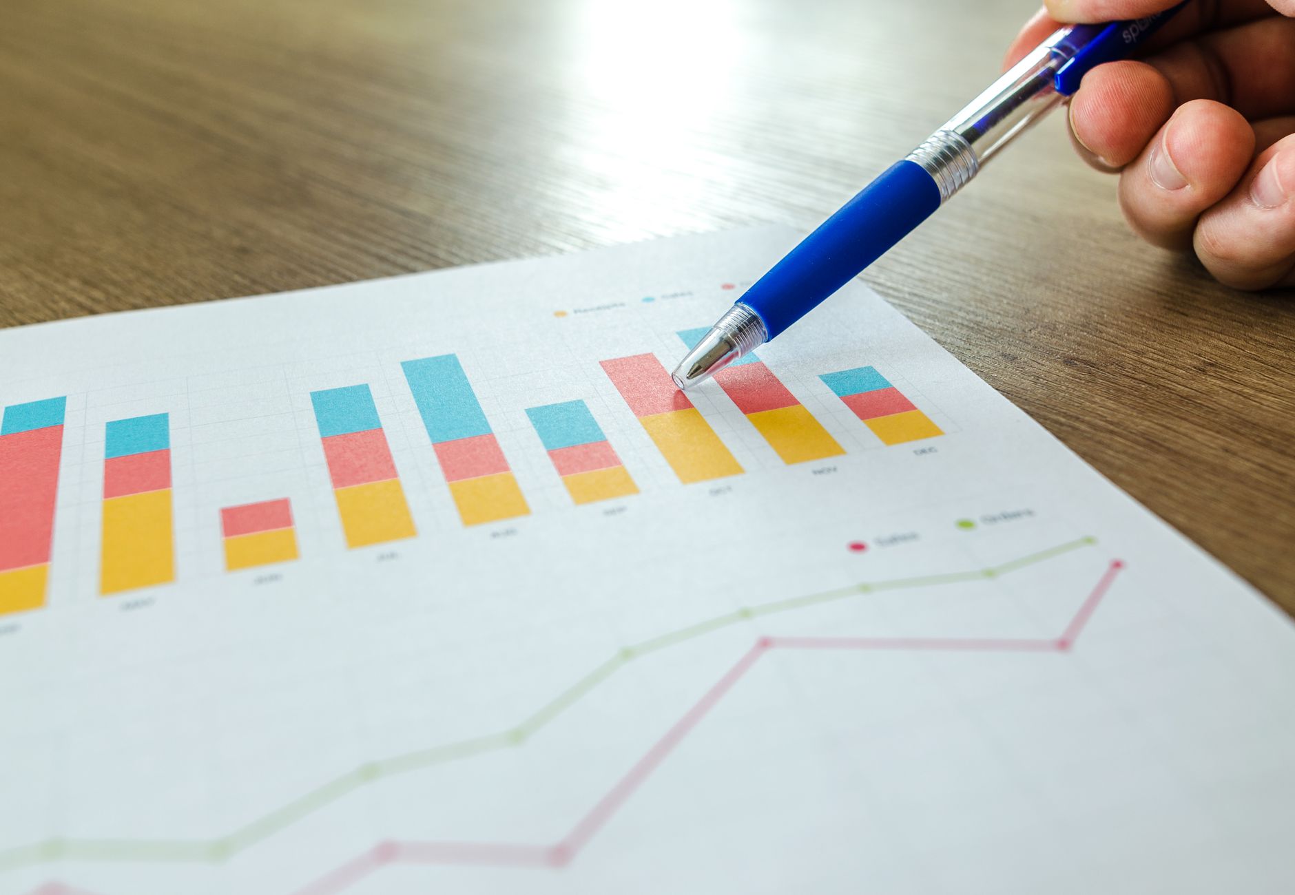 Detailed close-up of a hand pointing at colorful charts with a blue pen on wooden surface.